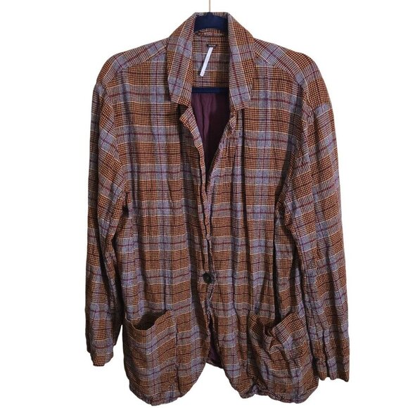 Free People Simply Plaid Relaxed Unstructured Linen Blazer Plaid Pockets Size M - Picture 2 of 12